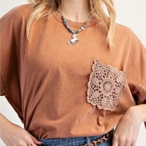 #173 POL Tan Crochet Accent Tee